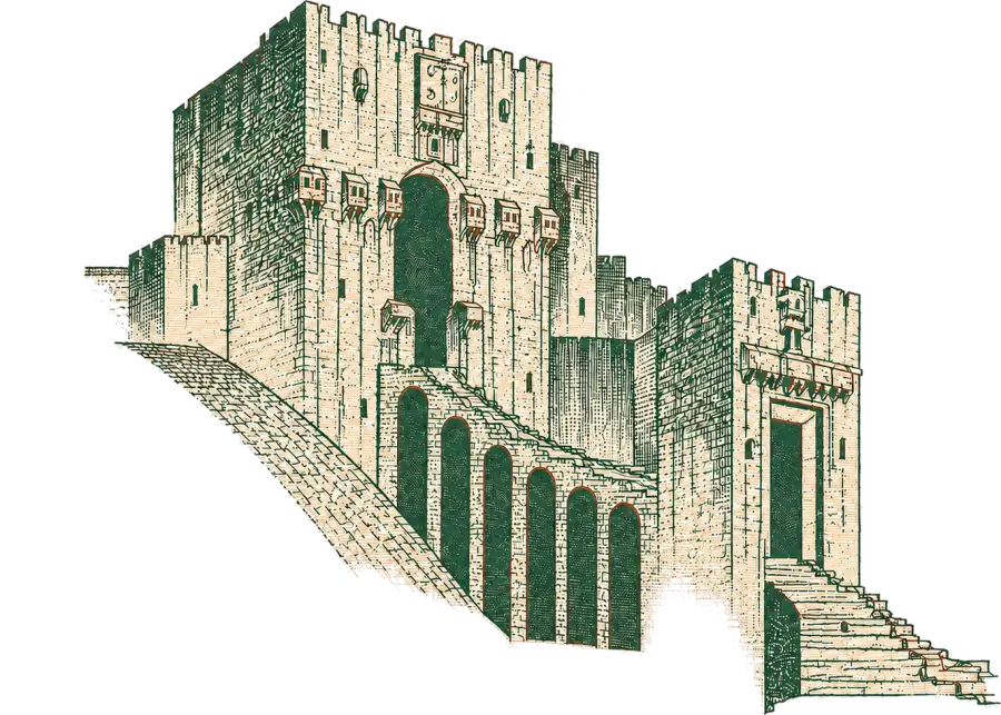 رسم توضيحي لمدخل قلعة حلب وجسرها الحجري