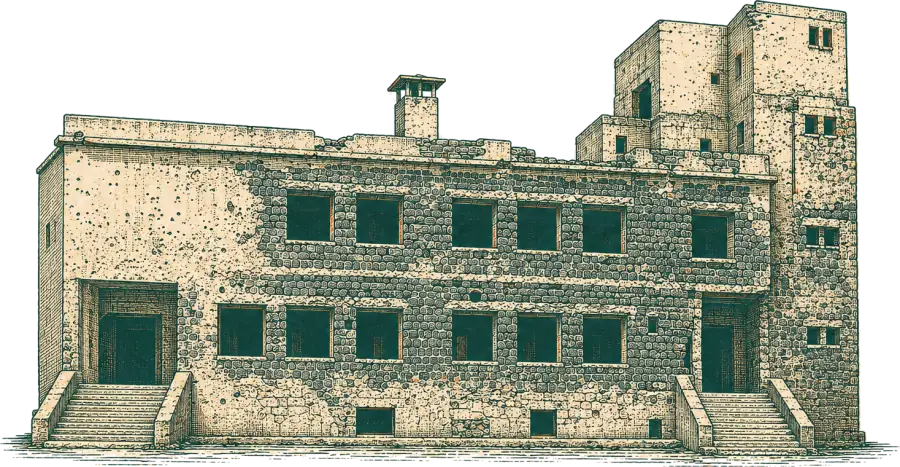 رسم توضيحي لمبنى مستشفى الجولان القديم في القنيطرة