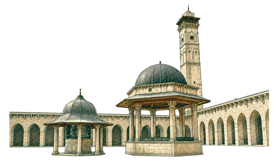 رسم توضيحي لقبة الخزنة وأروقة صحن الجامع الأموي